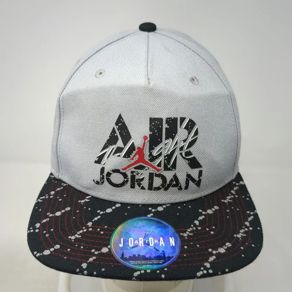 Jordan 5 Panel Gray One Size Snapback Paint Splatter Flat Brim Jumpman Logo Hat